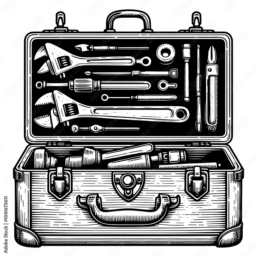 Poster open toolbox, displaying a range of mechanical tools in a striking black and white style sketch engr