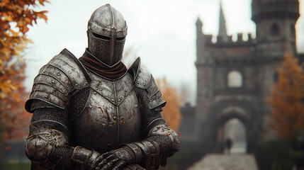 Fototapeta premium Knight in armor stands in front of gothic castle, autumn scenery.