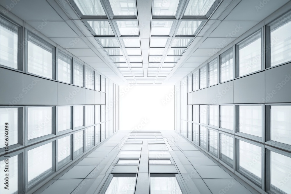Poster a tall building with many windows and a modern design