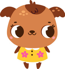 Cute puppy dog in yellow dress. Cartoon animal character for kids and children clip art
