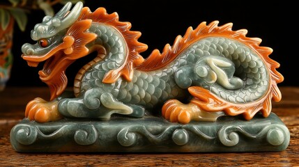 Obraz premium A beautifully crafted dragon figurine made of stone, showcasing intricate details and vibrant colors, symbolizing strength and protection in traditional culture.