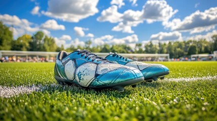 Sleek blue soccer cleats standing tall on a white surface, capturing the essence of athleticism and precision in soccer.
