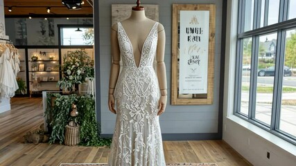 A white lace wedding dress with a deep v-neckline is displayed on a mannequin in a bridal shop