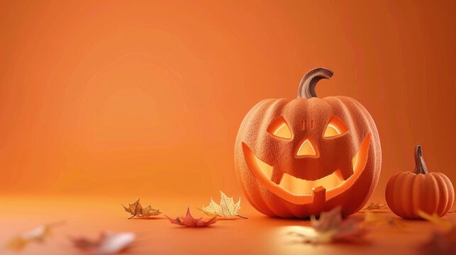 A carved halloween pumpkin sitting on a table, perfect for autumnal or spooky themed designs