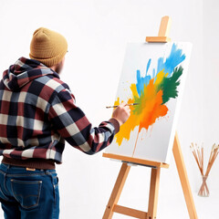 Artist paints vibrant canvas with palette and brushes