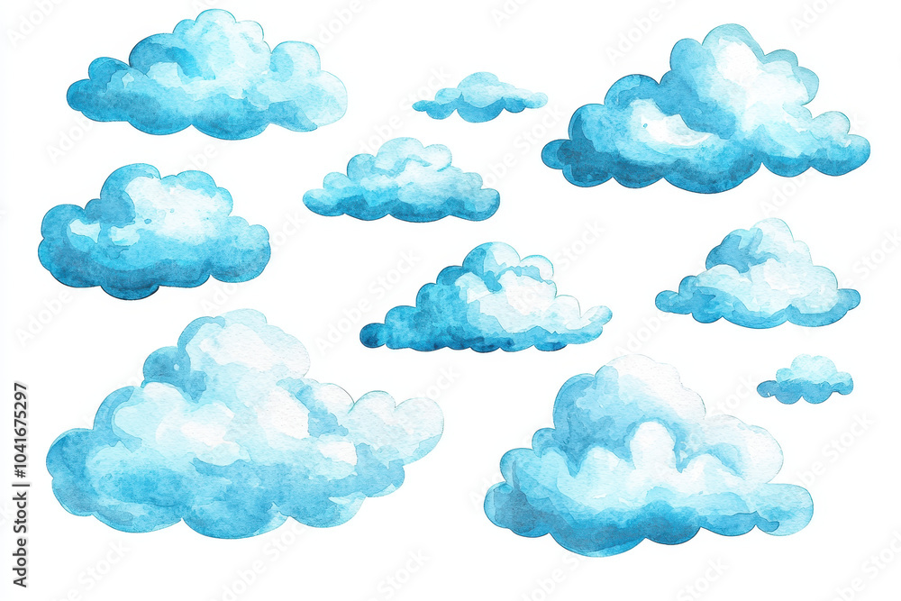 Wall mural a whimsical illustration of fluffy, blue clouds in various shapes against a white background.