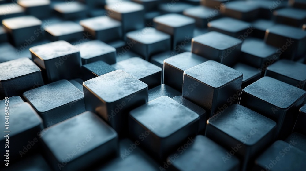 Poster In a close-up view, numerous metallic blocks are arranged in a repetitive, structured pattern, creating an abstract design that reflects light beautifully.
