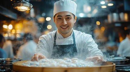 A smiling chef in a white toque and apron stands over a bamboo steamer filled with steaming dumplings.