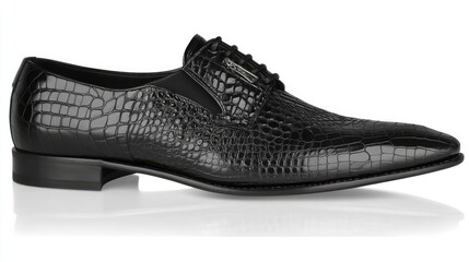 Stylish black dress shoes with a crocodile pattern placed on a minimalist white background, highlighting their texture and elegance.