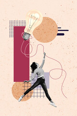Composite trend artwork sketch image photo collage of young lady student hand hold rope huge idea...