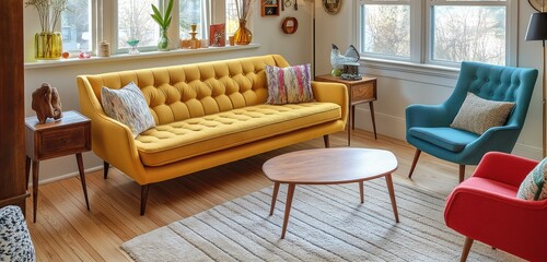 A cozy living room featuring retro furniture, including a mid-century modern sofa and colorful...