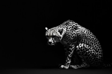 Fototapeta premium A cheetah sits on the ground in a dark environment