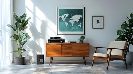 Mid-Century Modern Living Room Decor with Plants and a Record Player