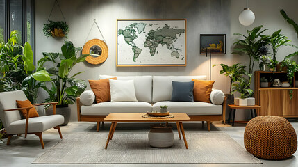 Modern Living Room Decor with Plants, Sofa, and a World Map
