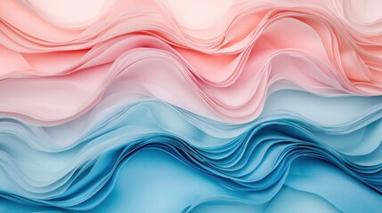 Fototapeta premium A close-up of layered, wavy fabric in soft pink and blue hues, showcasing delicate textures and gradients.