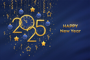 Happy New Year 2025. Gold metallic numbers 2025 and watch with Roman numeral and countdown midnight, eve for New Year. Hanging golden stars and balls on blue background. Realistic vector illustration.