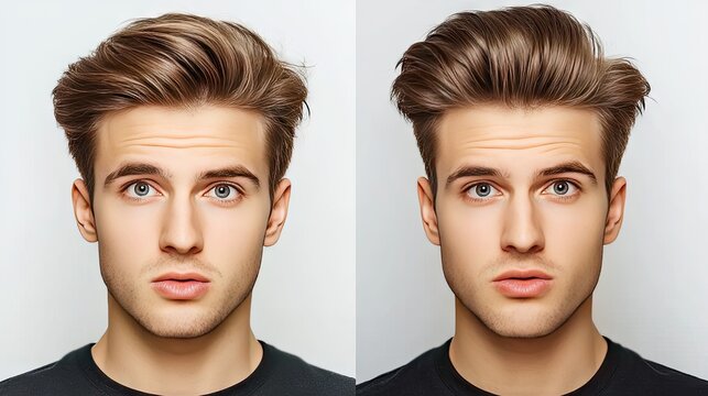 Transformation of a mans hairline, before and after receiving hair loss treatments, showing a restored, fuller look.