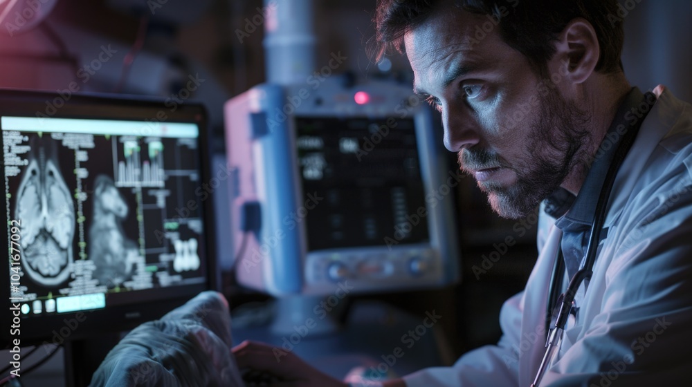 Poster a person in a lab coat looking at a computer monitor, possibly reviewing data or analyzing results