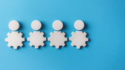 Abstract representation of teamwork and collaboration with gear-shaped figures on a blue background, symbolizing unity in mechanical and organizational contexts.