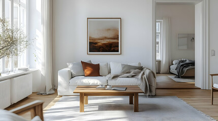 Modern Living Room Design with White Sofa and Wooden Coffee Table