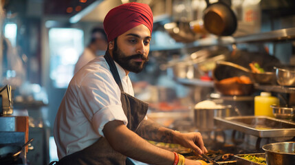 Sikh man wearing a turban, actively engaged in food preparation in a bustling restaurant kitchen