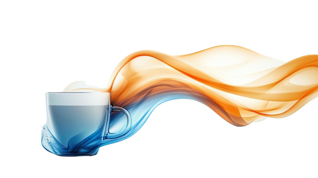 A cozy illustration of cups with coffee and tea, featuring a heart-shaped coffee splash, showcasing warmth and love in a colorful watercolor style - Powered by Adobe