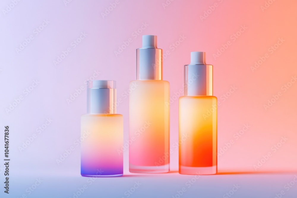 Aufkleber three transparent bottles filled with different colored liquids on a pink and blue gradient backgrou