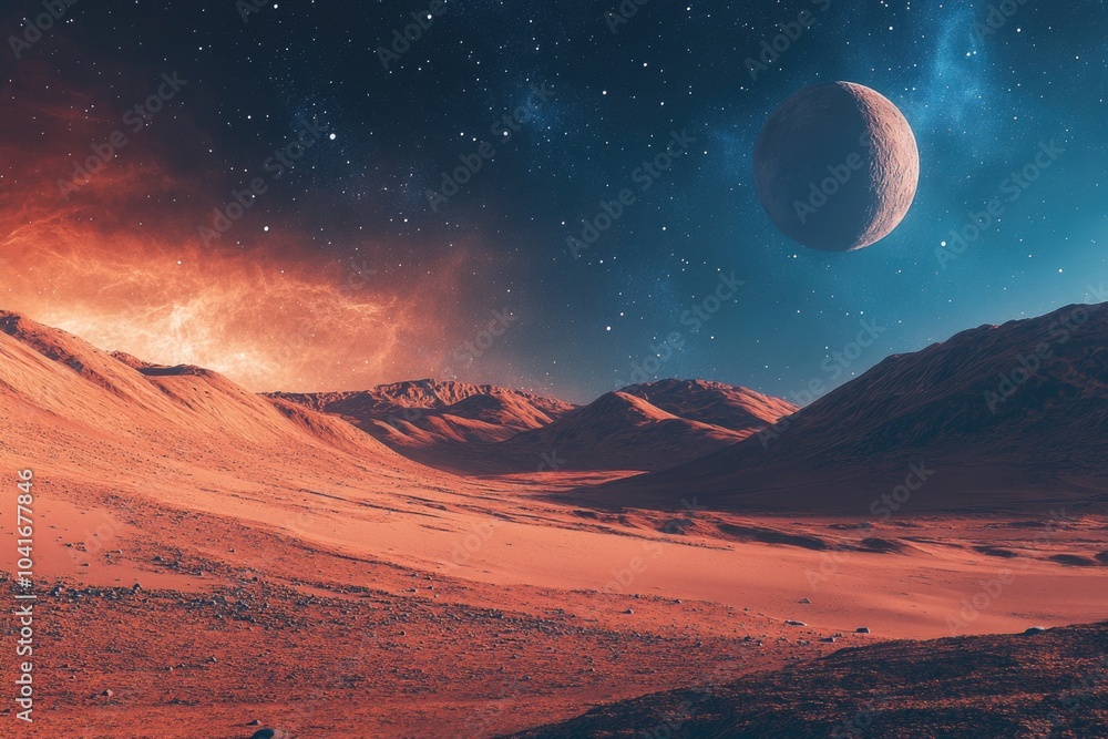 Aufkleber a desert scene with a distant planet visible in the sky, offering a unique blend of natural and extr