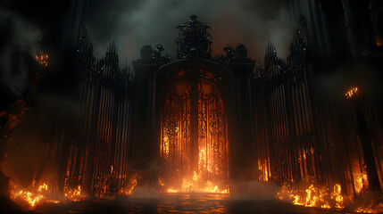 An ominous gate surrounded by flames and smoke at dusk, creating a dramatic and dark atmosphere, possibly a scene from a fantasy world
