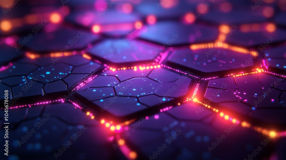 Poster The artwork features a close-up view of a hexagonal pattern illuminated by glowing orange and blue lights, evoking a high-tech and futuristic vibe in a dark setting.