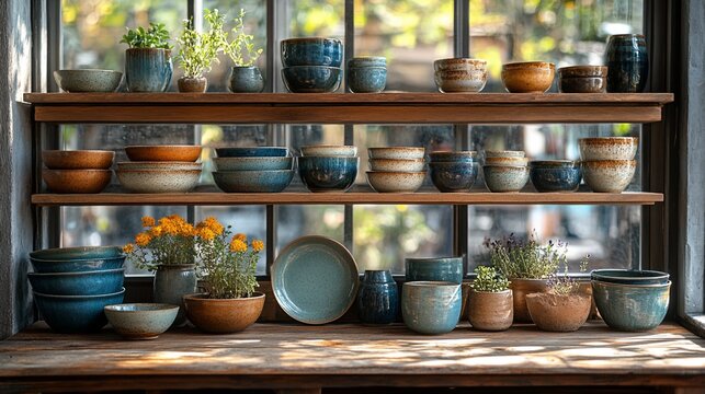 Rustic wooden shelves display a variety of handcrafted ceramic bowls, plates, and pots with potted plants in front of a large window.