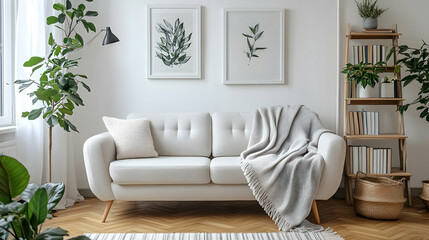 Decorate Living Room with a White Sofa, Plants, and Bookshelves