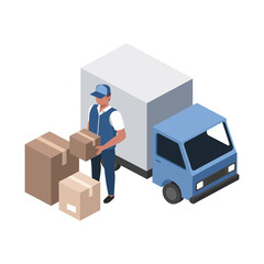 Isometric Delivery Scene with Courier and Truck, Vector Illustration