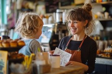 A joyful interaction between a barista and a child in a cozy cafe. The atmosphere is warm and inviting. A perfect moment captured in a coffee shop. Generative AI