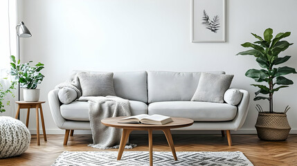 Modern Living Room Design with White Sofa and Wooden Coffee Table