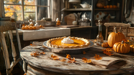 Cozy kitchen scene with freshly baked pumpkin pie topped with whipped cream sits on rustic wooden table, surrounded by autumn leaves and small pumpkins
