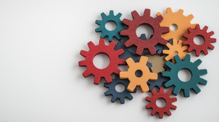 Colorful gears arranged abstractly on a light background, symbolizing teamwork, creativity, and mechanical processes.