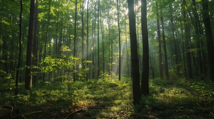 Obraz premium Sunlight Filtering Through Lush Green Forest Trees