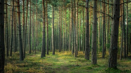 Fototapeta premium Serene Forest with Tall Trees in Soft Light