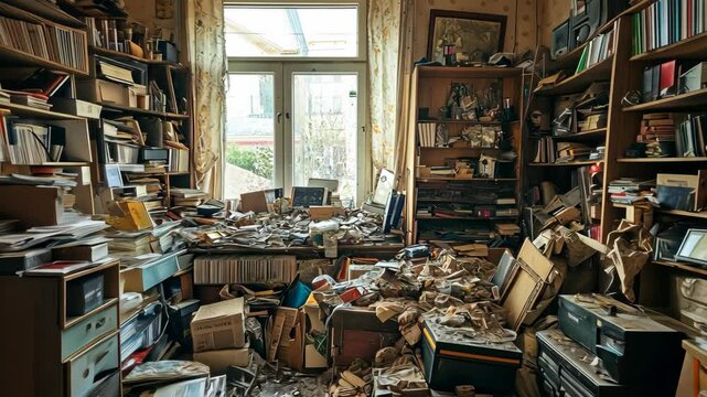 A cluttered room with overflowing bookshelves and a desk covered in papers and boxes