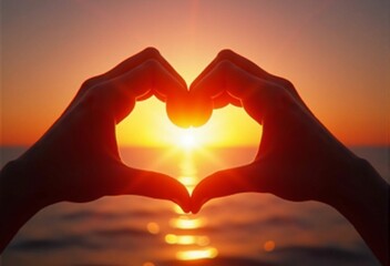 A Symbol of Love and Spiritual Connection: Hands Forming a Heart Shape Against a Sunset Backdrop - A Romantic Image for Love, Spirituality, and Healing Themes