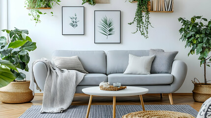 Decorating a Living Room with Plants and a Gray Sofa