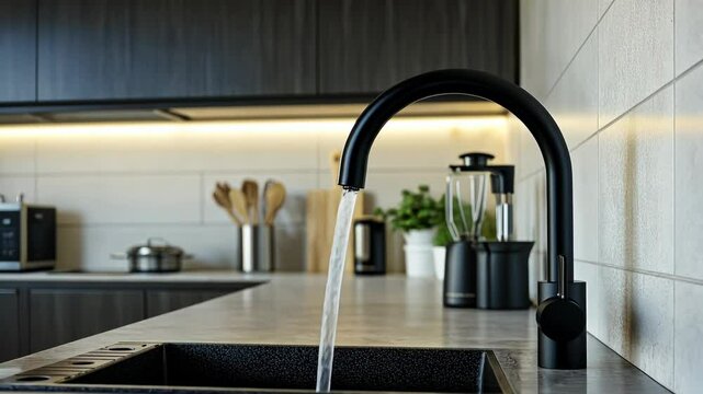A black faucet in a modern kitchen is turned on, running water into a stainless steel sink
