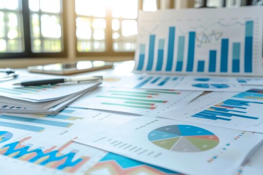 Collection of business analytics charts and graphs stacked on each other on paper on desk in office
