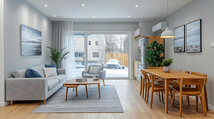 Fototapeta premium Modern Home Interior Design with Wooden Floors, Grey Walls, and Natural Light