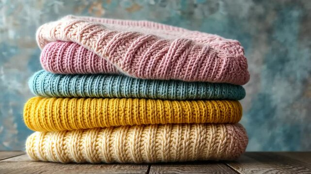 A stack of colorful knitted sweaters rests on a wooden surface