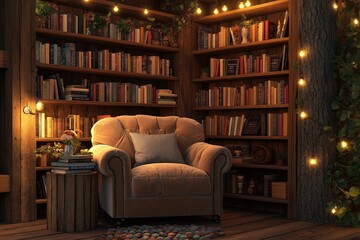 A cozy reading nook in a rustic farmhouse with a plush armchair, a side table made from reclaimed wood, and shelves filled with books, surrounded by warm lighting.
