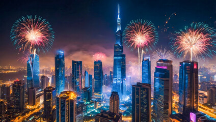 Obraz premium AI-generated images of colorful breathtaking dazzling New Year fireworks celebrations over the city 