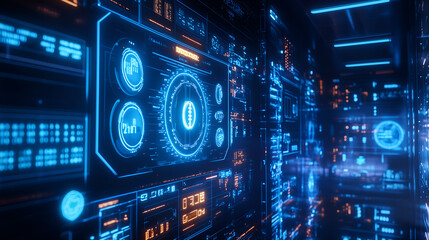 Advanced digital interface displaying data in a high-tech futuristic data center with neon lights and holographic elements