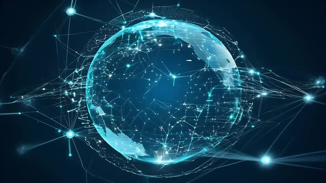 A neural network sphere visualization represents futuristic computing power blue cyan dots lines smoothly moving virtual space rendered 4K  